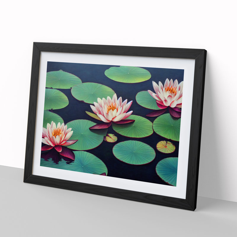 Radiant Water Lily Pond - Single Picture Frame Painting, 46cm H x 64cm W x 2cm D, Black