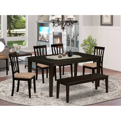 Ensemble de table de salle à manger 6 pièces comprenant une table de salle à manger rectangulaire et 4 chaises en tissu de lin avec banc, cappuccino