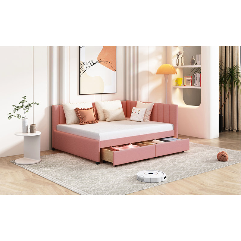 Lit de jour avec revêtement en lin (rose), 2 tiroirs de rangement, aucun sommier tapissier, 2 robustes et polyvalentes en tissu rose, sommier nécessaire, base de lit fiable