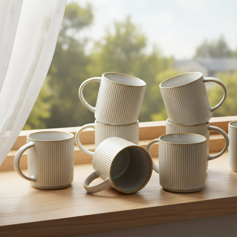 Ensemble de 6 tasses en céramique en forme d'étoile à six portions avec poignée, ensemble cappuccino blanc / café / thé.