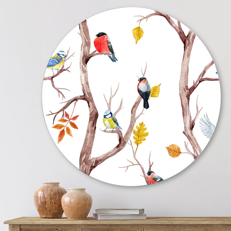Arbres d'automne et petits oiseaux - art mural traditionnel en cercle métallique, H 11 po x l 11 po x p 1 po