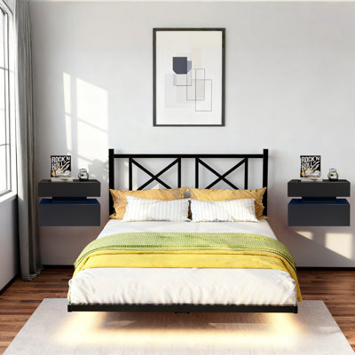 3-Pieces Bedroom Sets, Metal Floating Bed Frames with USB Charging Station and LED Lights And Two Wall-Mounted Nightstands