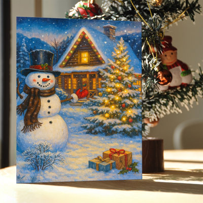 «P&L Art Christmas Snowman & Log Cabin», reproduction d'art sur toile encadrée