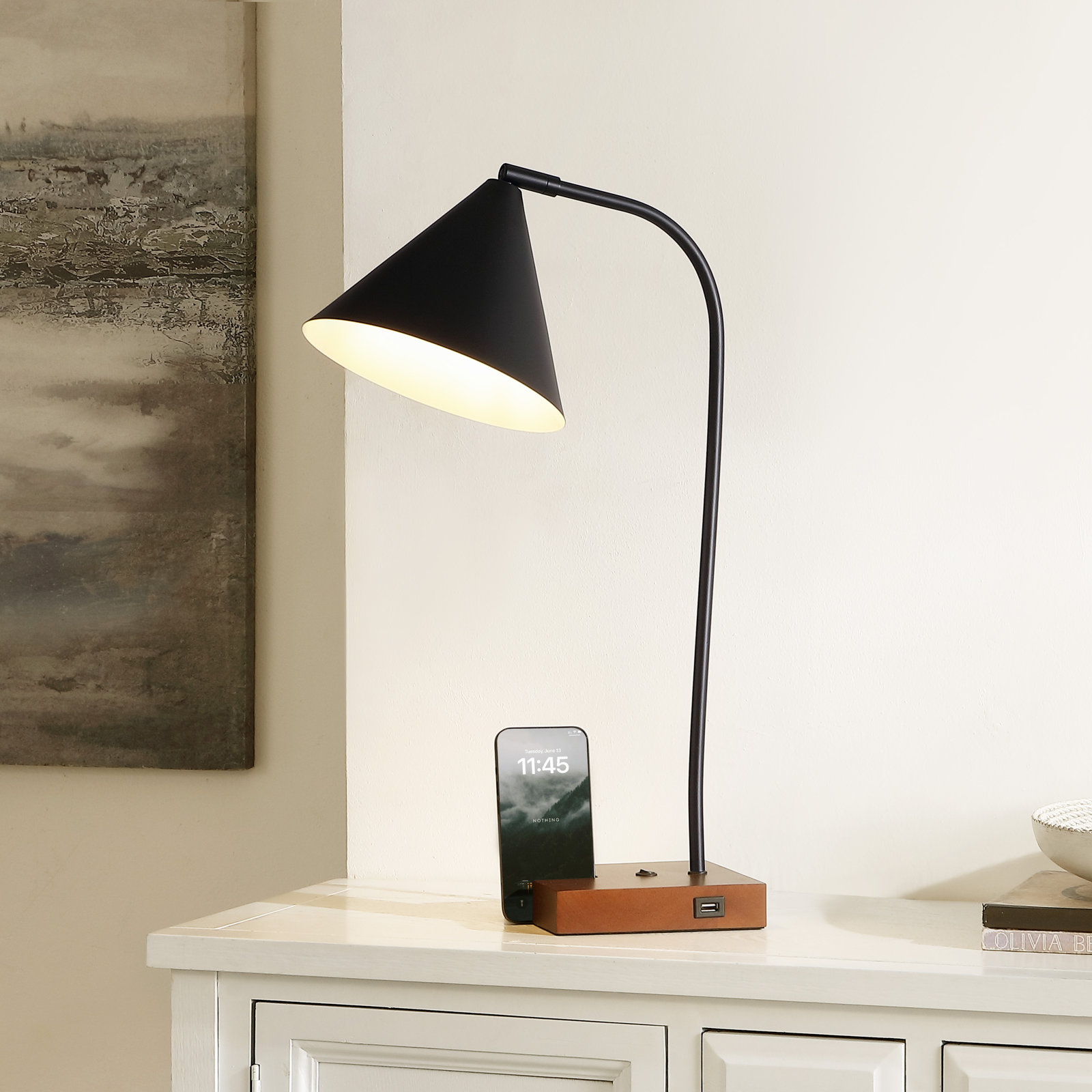 Dalli Solid Wood USB Desk Lamp, Walnut, Black