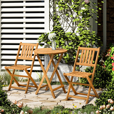 Wood Bistro - 3 Piece Folding Patio Furniture. For Backyard, Balcony, Deck. Round Coffee Table, 2 Chairs, Scratch- Finish Furniture With Chairs & Table. Stunning Design, For Deck, Balcony