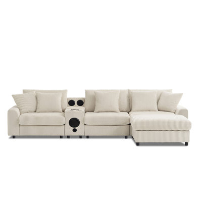 112*64'' Corduroy Sectional Sofa With Bluetooth Speakers,L-Shaped Couch With Console,USB Charger,Cup Holders,Storage,Ottoman,Deep And Wide Seat Cloud Sofa For Living Room&Apartment