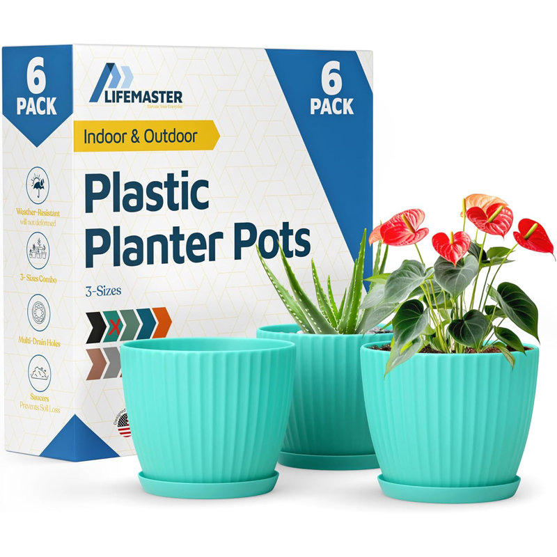Aqua 6-Inch Plant Pots with Drainage & Saucers 6 Pack, Indoor & Outdoor Planters for Houseplants, Herbs, and Flowers, Durable & Weatherproof Material, Stackable, Lightweight, Minimalist Design