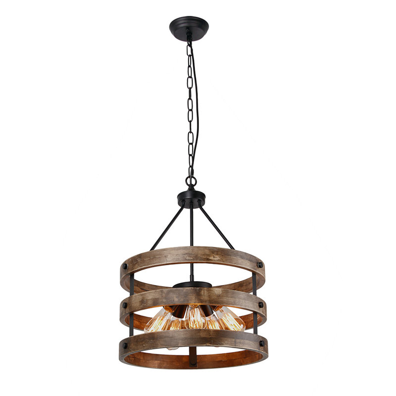 Wide Round Wood Chandelier Farmhouse Hanging Lighting Fixture Dining Room Foyer Pendant 