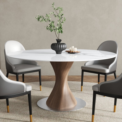 7-Piece Modern Round Conde For 6, Sintered Stone Tabletop Kitchen Conde With PU Upholstered Chairs