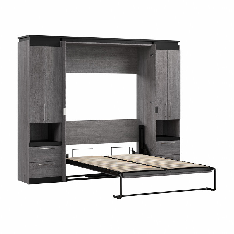 Lit escamotable Asay et 2 armoires de rangement avec tablettes coulissantes, Double, Écorce gris