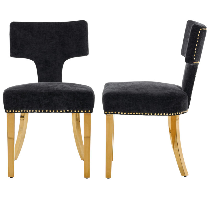 Mid Century Upholstered Dining Chairs Side Chairs Farmhouse Chenille Dining Chair With Metal Legs, Black, Gold