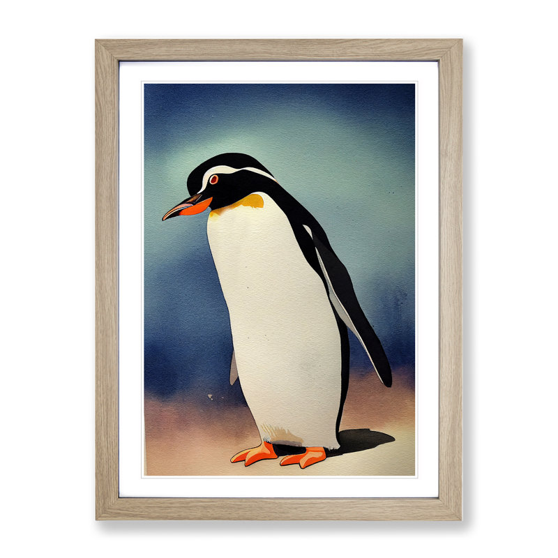 XC1022-3491X Penguin In Watercolour No.1 - Print on Canvas, Oak Framed, 64cm H x 46cm W x 2cm D