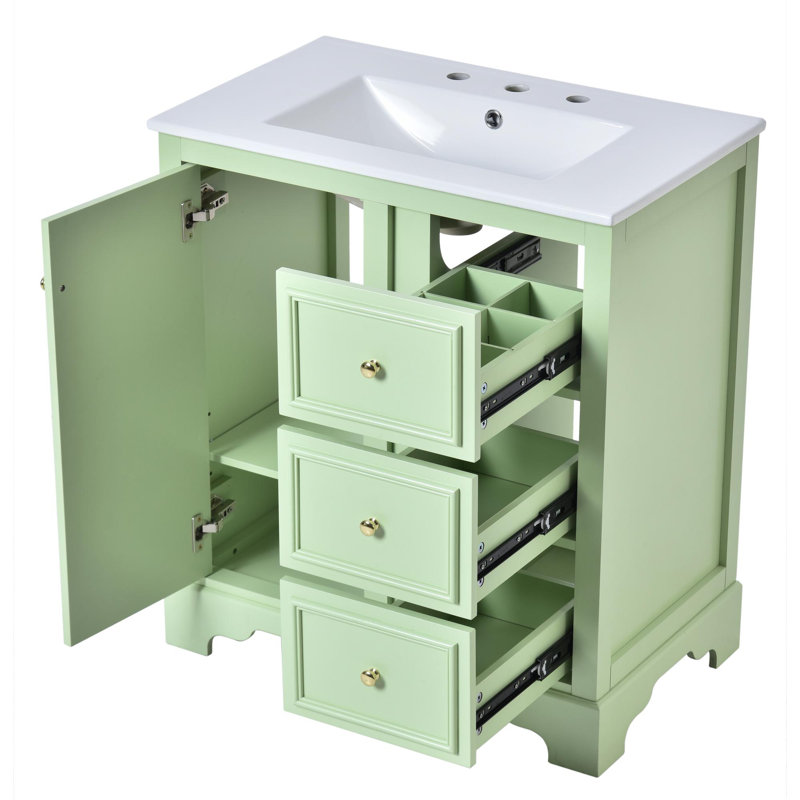Meuble-lavabo avec tablette réglable, Vert, Doré