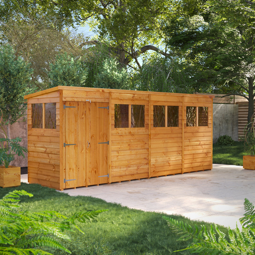 Powersheds 16 x 4ft Timber Overlap Pent Garden Shed, Double Doors