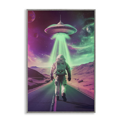 Astronaut Walking Toward UFO Framed Giclee, design by Wumples