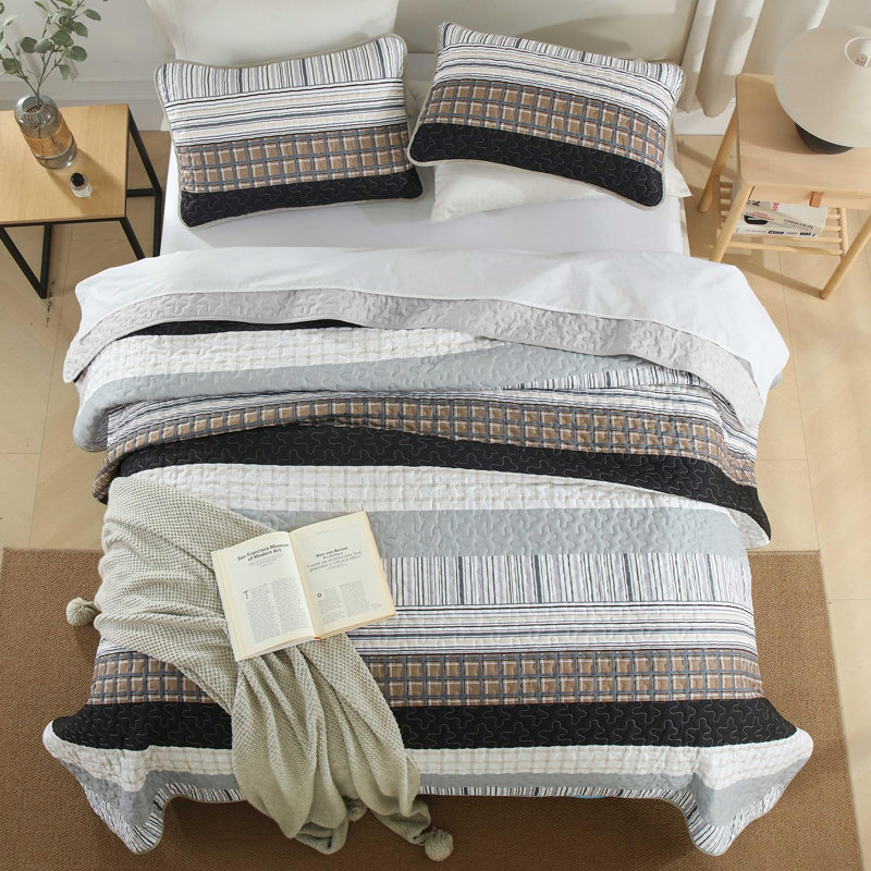 Ensemble de courtepointe 3 pièces à patchwork rayé de style bohème en microfibre douce et légère pour toutes les saisons