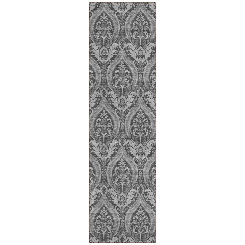 8' Runner Gray Damask Washable Non Skid Indoor Outdoor Runner Rug