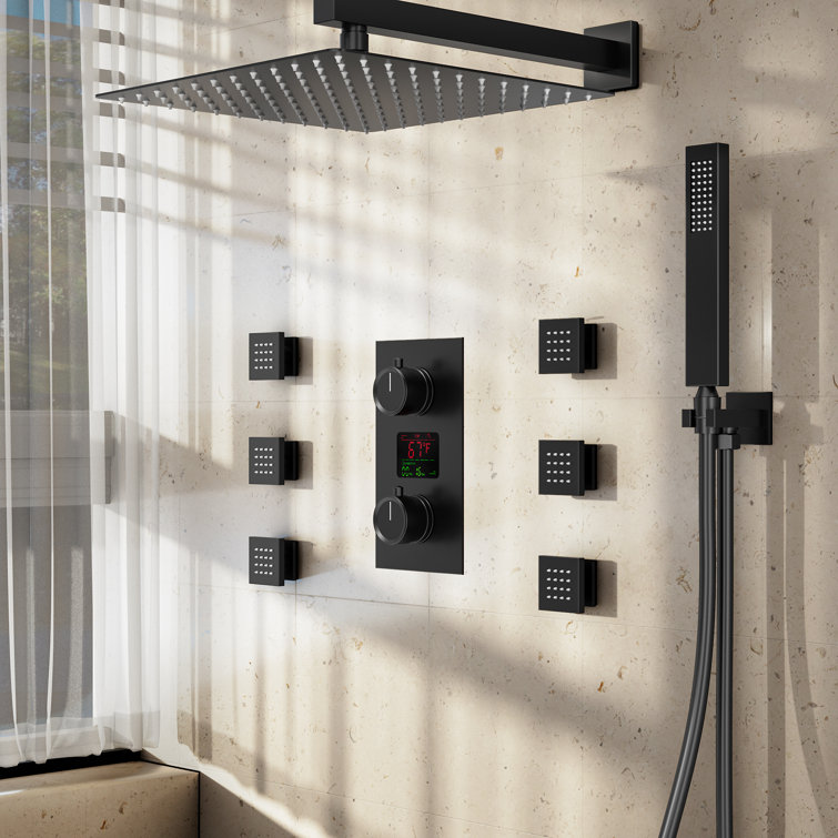 SmartTempFlow LCD Digital Shower System with Handheld Spray,12" Rainfall Shower Head  with Body Jet And Valve