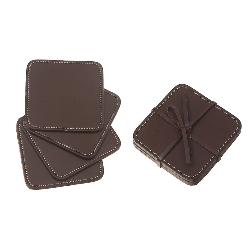 4 pièces carrées en cuir véritable brun clair, Brun clair