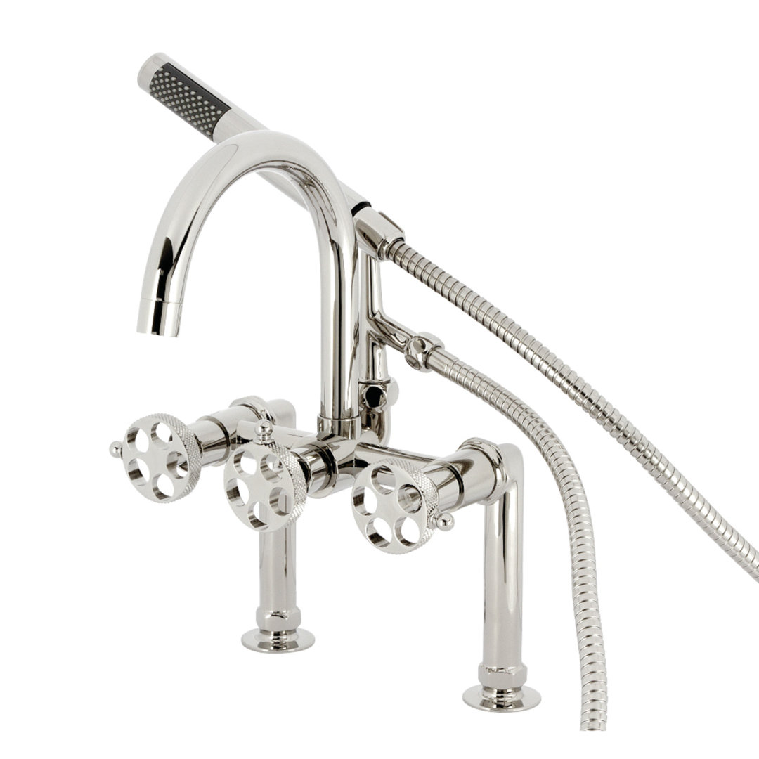Kingston Brass Webb Three-Handle 2-Hole Deck Mount Clawfoot Tub Faucet with Knurled Handle and Hand Shower Kingston Brass