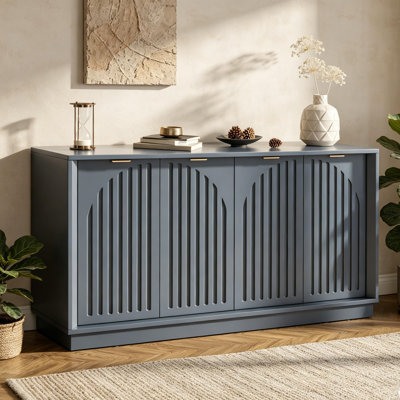 56.42" Wide Fluted Arch Door Buffet Cabinet with 3-Level Adjustable Shelves, Metal Handles, Sturdy Base – Modern Sideboard for Kitchen, Dining Room, Living Room Storage, Blue