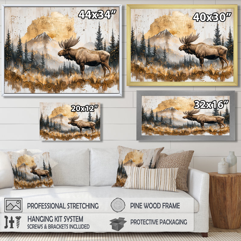 «Gerose Golden Moose In The Winter Landscape I - Moose», art mural, Toile tendue, H 16 po x l 32 po, Ne s’applique pas