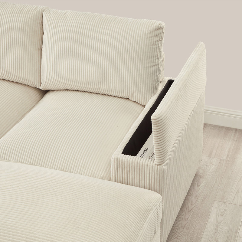 Canapé modulaire à assise profonde avec repose-pieds et canapé-lit en velours côtelé, Beige