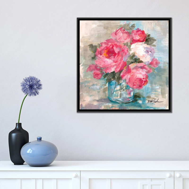 «Summer Roses I» par Debi Coules - reproduction imprimée, H 26 po x l 26 po x P 1,5 po, Toile avec cadre noir, Pas de tapis