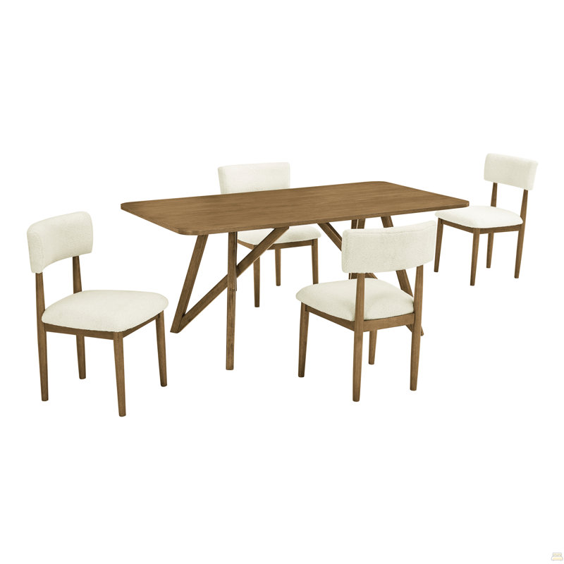 5Pc 70"W Rectangular Walnut Oak Geometric Cross Base Dining Set