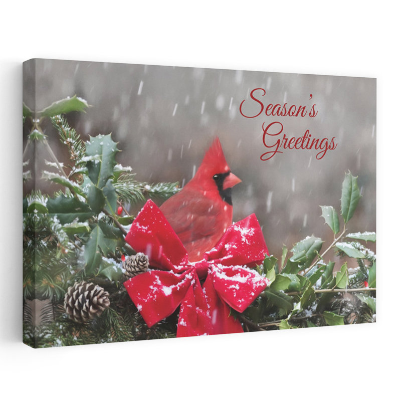 «Season's Greetings», cardinal, art contemporain d'hiver, H 16 po x l 24 po