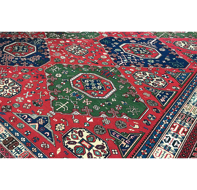 Hand-Knotted High-Quality Red and Blue Area Rug