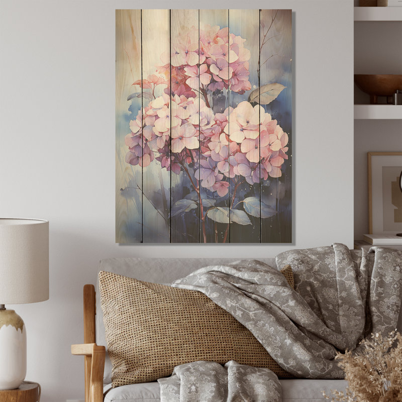 Hortensia bleue en fleurs au clair de lune - Art mural en bois d'hortensia sur bois de pin naturel, H 32 po x l 24 po