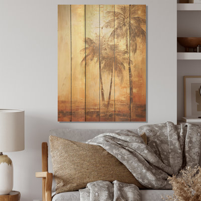 Art rétro sur bois de pin naturel, palmiers et palmiers rétro