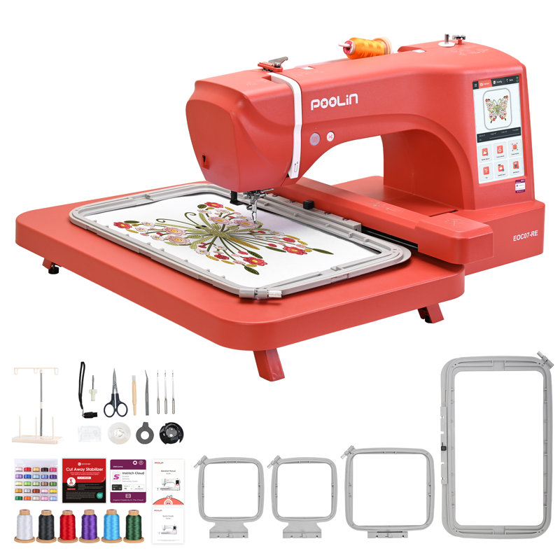 Poolin EOC07-RE Computerized Embroidery Machine 7.8in*14.9in Max Embroidery Area With 4 Hoops, 7 Inch LCD Touchscreen, 8 Fonts,12 Languages,200 Fancy Patterns, USB & Wireless, Software for Business Order, DIY Craft, Women Gifts