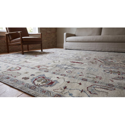 Tapis ivoire classique en laine noué à la main 9 x 12 po Palmettes