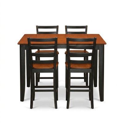 Ensemble de salle à manger carré 5 pièces en bois d'hévéa couleur cappuccino, hauteur comptoir, avec rallonge de rangement intégrée et dossier échelle.
