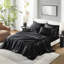 Drap de luxe divisé 7 pièces en satin 100% satin noir, texture douce et lisse, 1 plat, 2 ajustés, 4 taies d'oreiller froissées, doux,
