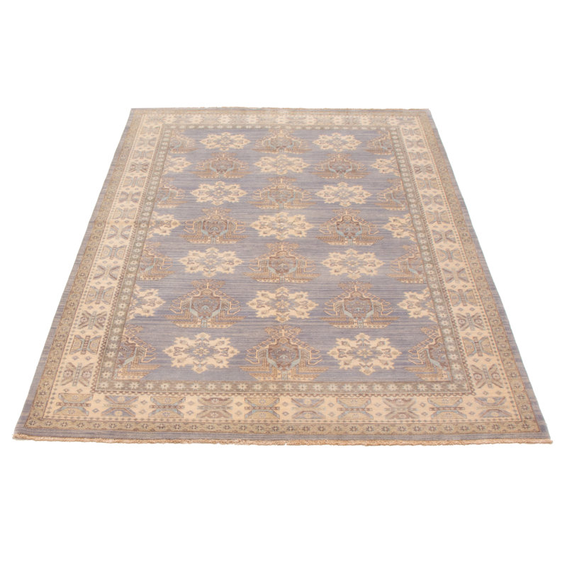 Tapis oriental en laine noué à la main 6 pi x 9 pi bleu / beige / gris Peshawar