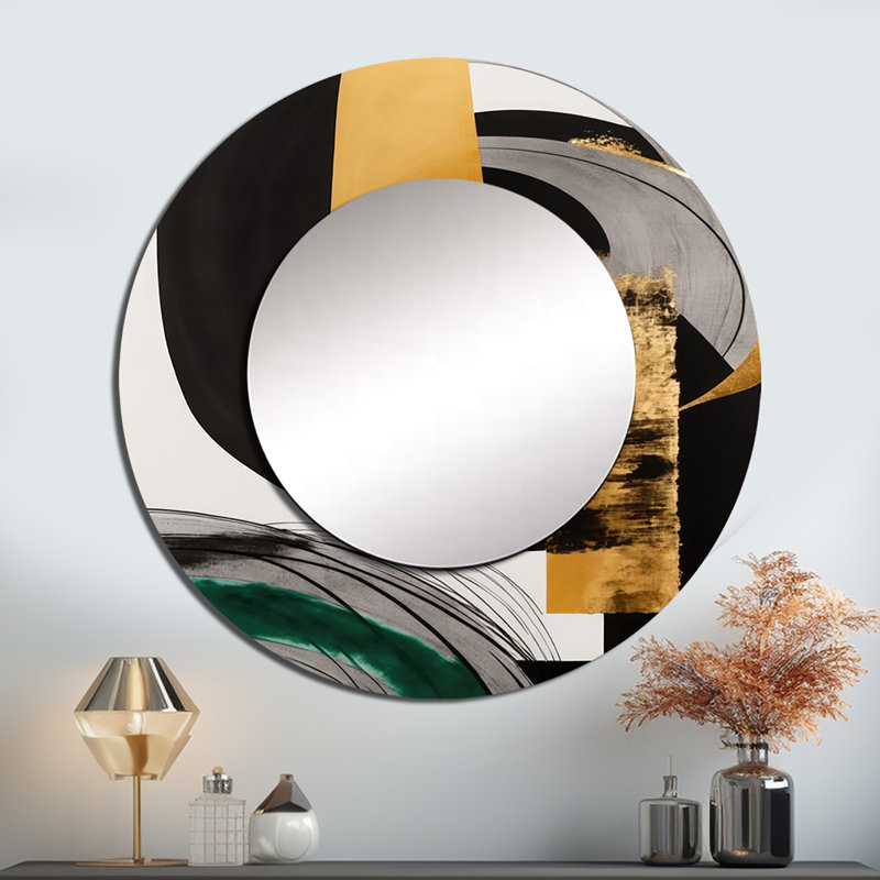 Simren Modern Green Art Deco II - Transitional Decorative Mirror, Green Round Wall Mirror, Printed Metal Art, 29" x 29"