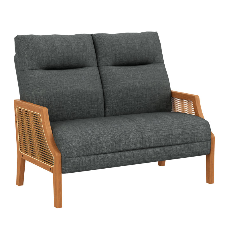 48" Upholstered Loveseat Sofa With Rattan Arms, Gray
