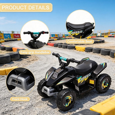 Véhicule électrique pour tout-petits (18 à 36 mois), quad 6 V à 4 roues avec marche avant et arrière, vitesse de 2,8 à 4,6 km/h.