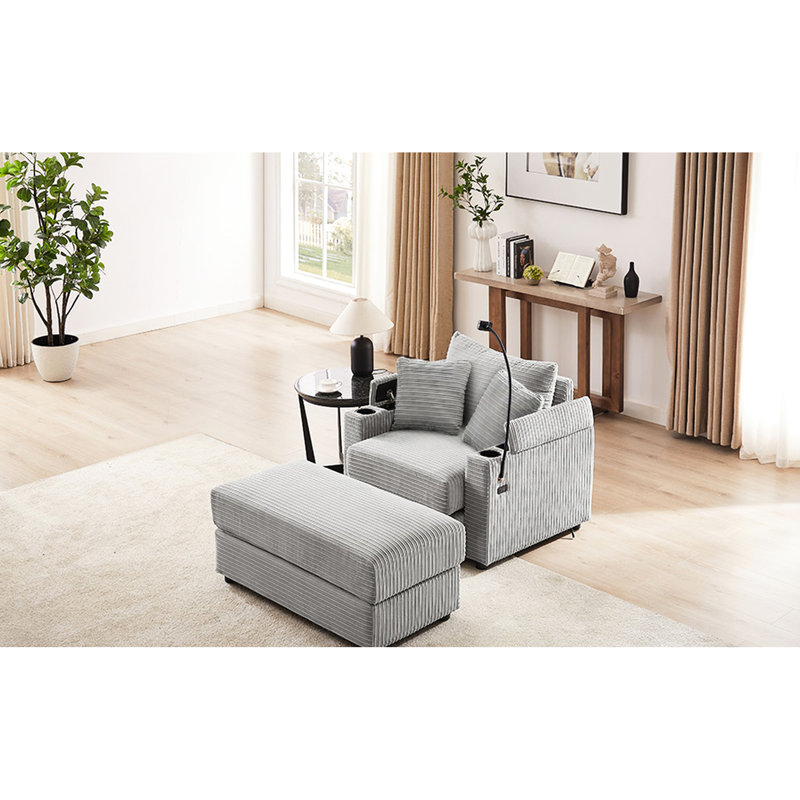 Grey With Movable , Two Charging Ports, Cup Holders, Comfortable Back Cushions And Detachable Throw Pillows For Home Relax 41.7" Modern Style Storage Space, Ports