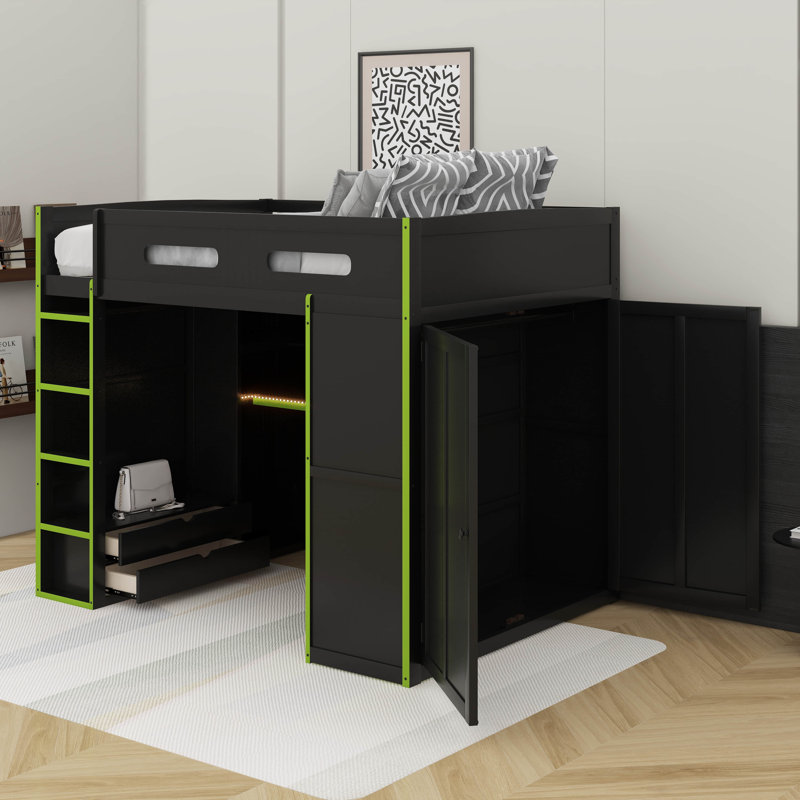 Full Size Wood Loft Bed With Desk,Wardrobe And RGB LED Light, Green