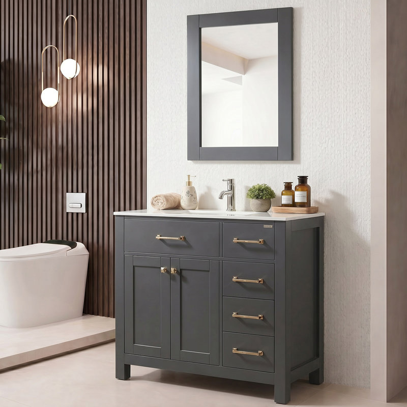 Burnet 36'' Single Bathroom Vanity with Ceramic Top, Mirror and Polished Chrome Faucet, Gray, Gold