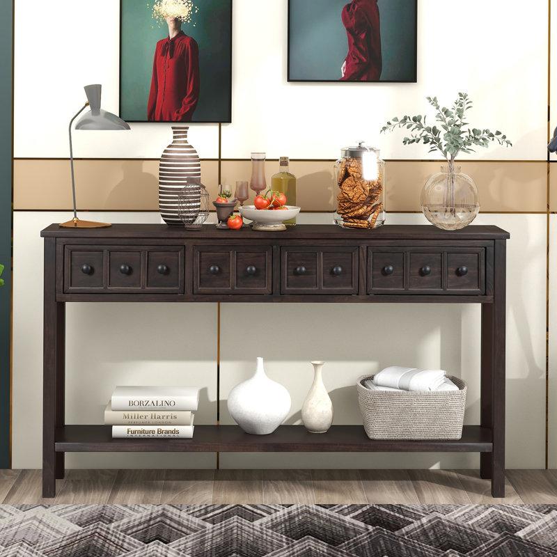 Console de style rustique avec tiroirs et tablettes fonctionnels, un meuble pratique et élégant pour la décoration intérieure