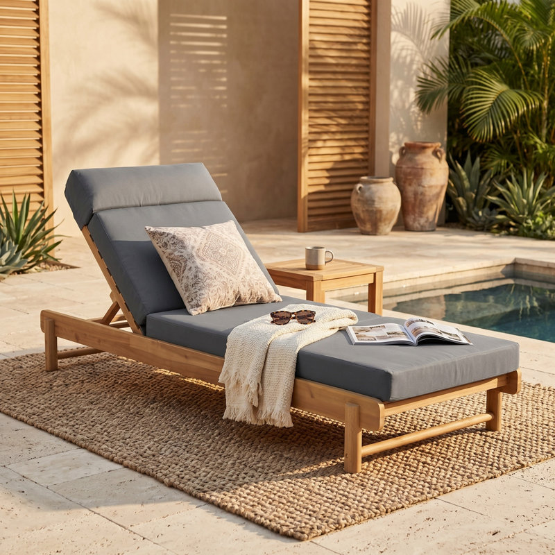 Chaise longue inclinable d'extérieur avec dossier à 3 positions et coussin, teck clair et gris foncé