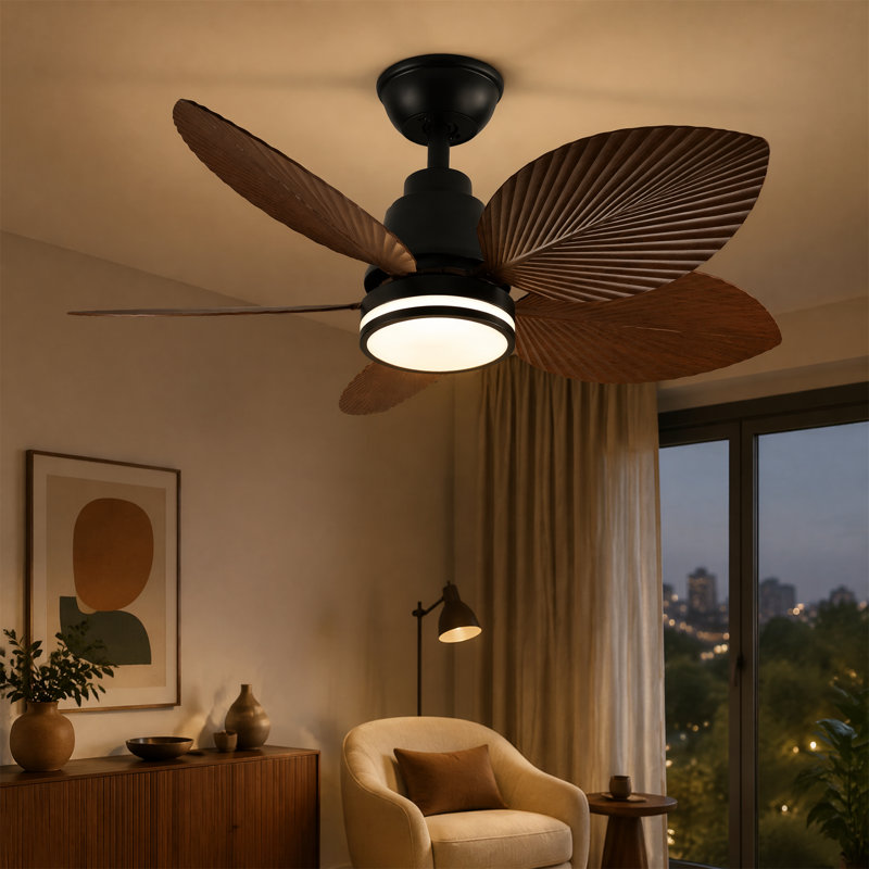 Ventilateur de plafond de 37 po, pales en ABS avec cadre en métal, télécommande, moteur à courant continu réversible à 6 vitesses, utilisation intérieure et extérieure, ventilateur de plafond noir, ventilateur de plafond à feuilles de palmier, style Mid-Century moderne