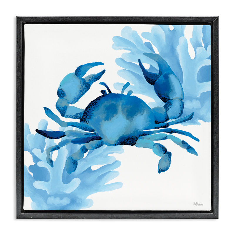 Cadre flottant bleu crabe et corail, design par Cat Thurman Designs, Cadre flottant noir de jais, H 18 po x l 18 po