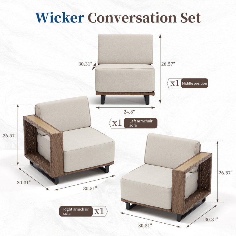 3Pieces Outdoor Sofa with Beige Cushions, Weather-Resistant Patio Sofa