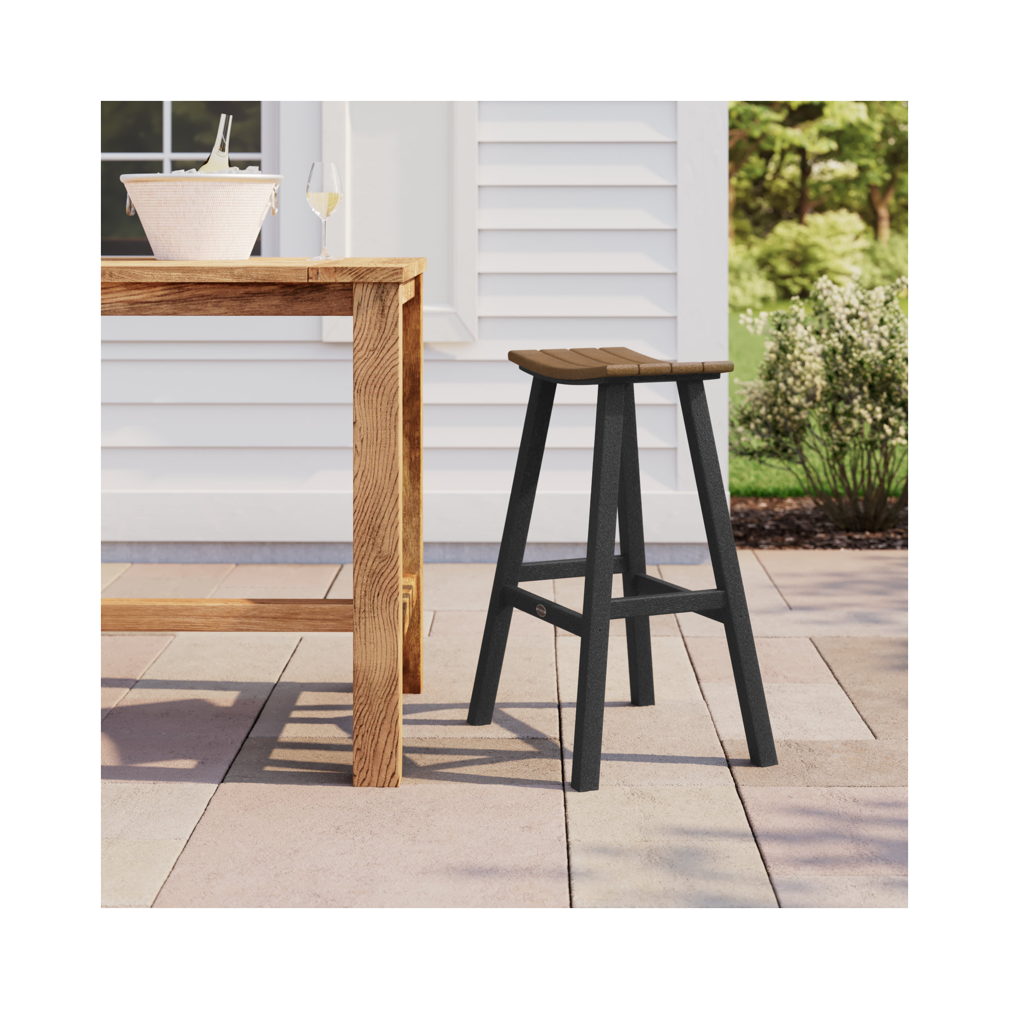 POLYWOOD Contempo 30" Saddle Bar Stool, Teak, Black